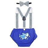 Baby Boy Shark Cake Smash Outfit 1st Birthday Bloomers Bowtie Adjustable Y Back Suspenders Strap Clip Costume Diaper Cover Clothes Set
