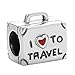 I Love To Travel Charm Solid 925 Sterling Silver Suitcase Charm with Red Enamel Heart for Pandora Bracelet
