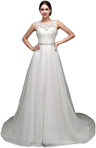 Banfvting Ivory Wedding Dresses A-Line Sheer Crew Neckline Appliqued Bridal Gown Country