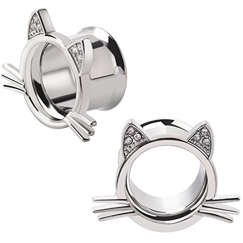 Longbeauty 2Pcs Silver Cute Kitten Ear Plugs Tunnels Gauges Stretcher Piercings in 3 Colors Gauge 3/4"