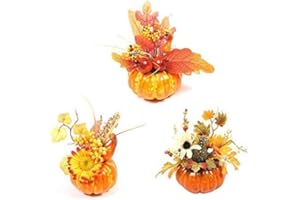 Yistao 3Pcs Artificial Pumpkins for Decoration, Mini Fake Pumpkins with Artificial Sunflowers Maple Leaves Berries for Table Home Decor for House Prop Autumn Fall Harvest Thanksgiving Decoration