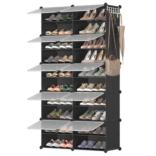 SONGMICS Interlocking Shoe Rack, Plastic Shoe Storage Cabinet, 10-Slot Modular Storage Organiser Unit, 30 x 40 x 30 cm for Each Slot, with Doors, Steel Frame, Plastic Panels, Black LPC035B01