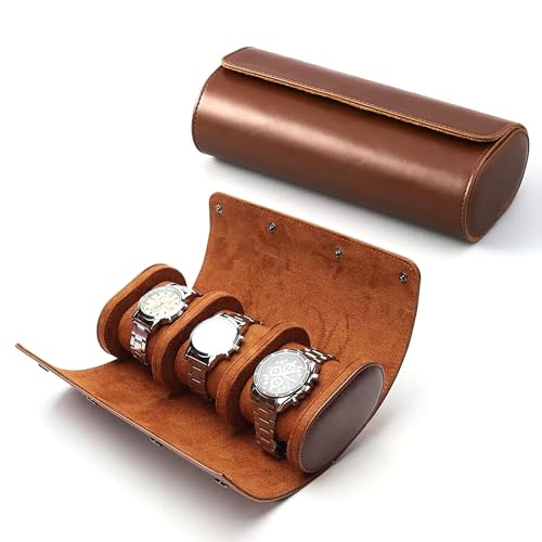 Longjet Watch Roll Travel Case for Men Portable Watches Organizer Box with Removable Velvet Pillow Holder (Brown)