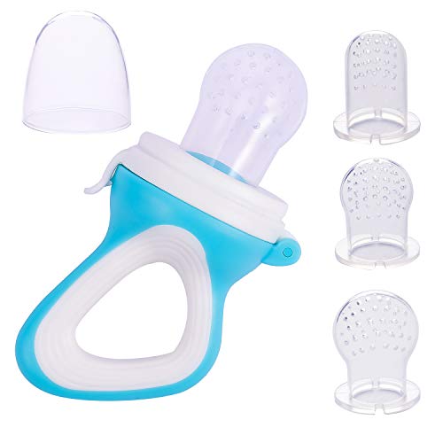 Baby Food Feeder/Fruit Feeder Pacifier(1 Pack) incluing 3pcs BPA-Free Soft Silicone Teethers,2 Pack Baby Feeding Spoons,Infant Fruit Teething Toy - Blue