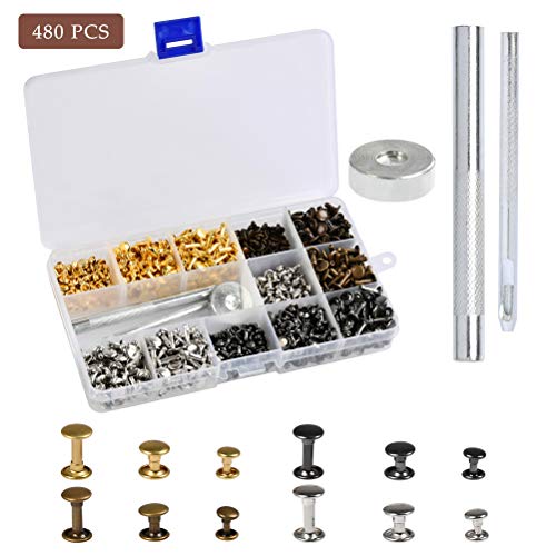 Double Capped Rivets - 480 Sets Leather Rivets, 6-8mm Double Head Rivet Studs Metal Purse Notions Rivet Studs with Setting Tools for Clothes Bag/Belt Leather Craft Repair Decoration - Thumbnail 7