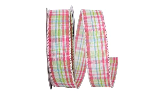Ribbon - Bright Plaid Linen Wired Edge Ribbon, Watermelon, 1-1/2 Inch, 20 Yards