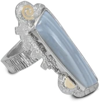 Sterling Silver Elongated Gray Agate Ring with 14k Gold Accents