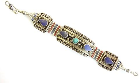 925 Oxidized Silver Lapis-Lazuli, Turquoise & Coral Gemstone Tibetan Bracelet for Women by Artisan