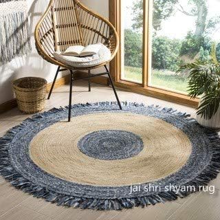 Jai Shri Shyam Solid Plain Contemporary Stripes Rug (Multicolour, Jute Denim, Medium)