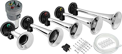 Vixen Horns LOUD 125dB 5/Five Trumpet La Cucaracha Musical/Music Sound Air Horn with Compressor Full Complete System/Kit Chrome 12V VXH6803C