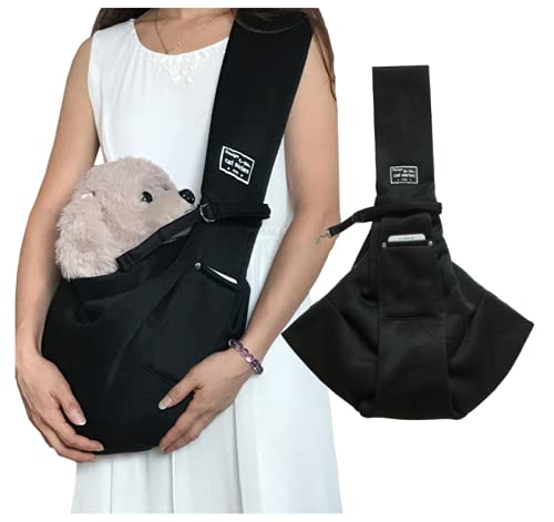 Dog Sling Pet Carrier Hand Free Dog Papoose Shoulder Carry Bag for Small Dog Puppy Animals Up to 6kg/13lbs Plaids Inside Wide Shoulder Strap Front Pocket Soft Pet Handbag for Outdoor Walking (Black)