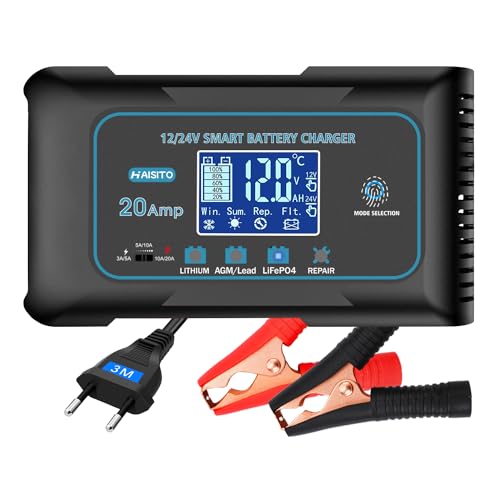 Haisito Car Battery Charger 12V/24V 20A, Intelligent Fast Battery Charger Car and Motorcycle, Desulfator and Maintainer for LiFePO4 Lithium Lead Acid Batteries (AGM, GEL, EFB, SLA, VRLA)