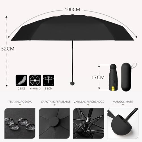 MXHIGO Mini Paraguas de Bolsillo para Lluvia y Sol, Sombrilla Plegable con Protección UV, con 6 Varillas, Ligero y Portátil, Mini Paraguas Plegable con Estuche, Ideal para el Uso Diario y los Viajes