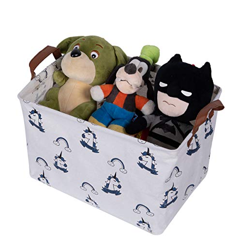 TIBAOLOVER Square Natural Linen & Cotton Fabric Storage Bin with Handles for organizing Kids Toy/Playroom Organization/Toy Bin/Closet/Shelf Baskets/Baby Hamper (Blue Unicorn)
