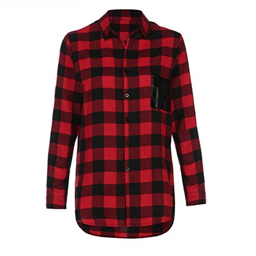 Lightning Deals Oversized Blouse,ZYooh Fashion Women Plaid Long Sleeve Shirt Tunic Tops (Red, XL)
