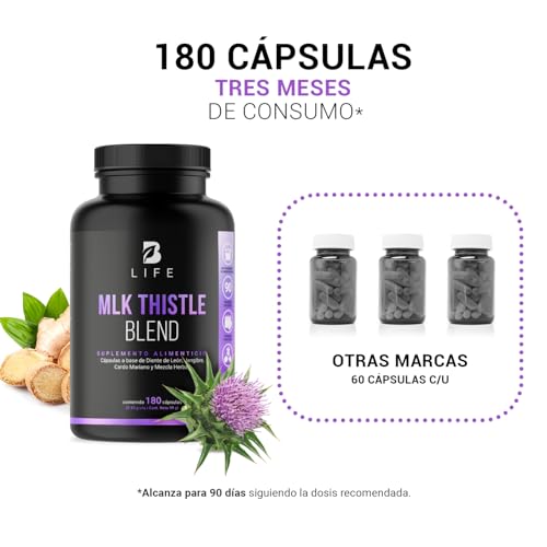 Cardo Mariano 180 cápsulas 1100 mg por porción. Hoja de Diente de León, Raíz de Jengibre y Mezcla Herbal. Ingredientes naturales. Mlk Thistle Blend B Life.