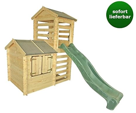 Kinderspielhaus Thomas mit Turm und Rutsche -1,75 x 3,32 Meter aus 19mm Blockbohlen - Kinder Gartenhaus Kinderspielhaus Kinde