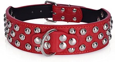 Rachel Pet Products 3 Rows Silver Rivets Studded Genuine Leather Dog Collars for Medium/Large Dogs, Multiple Colors
