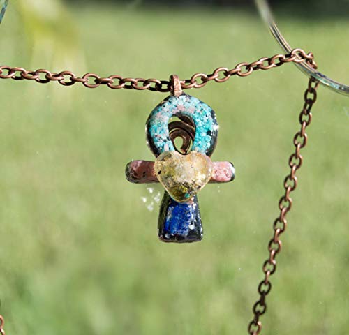 ORGONITE Moldavite & Great Sand Sea/Libyan Desert Glass Ankh Pendant with Tourmaline, Lapis Lazuli, Pink Opal - Orgone Necklace 528hz / Solfeggio healing frequencies attuned