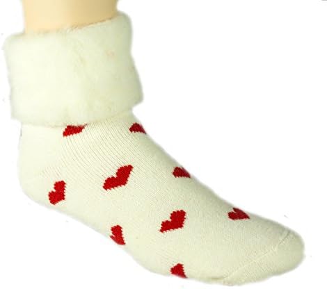 Woollyfeet Brushed Wool Blend White with Red Hearts No Tread Socks