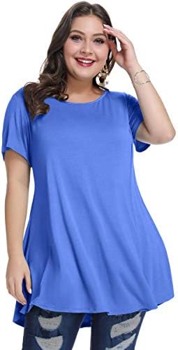 MONNURO Womens Short Sleeve Casual Loose Fit Flare Swing Tunic Tops Basic T-Shirt Plus Size