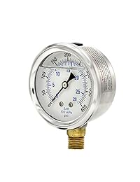 Pic Gauge 201l 254i relleno de glicerina Industrial Monte Medidor de presión inferior con acero inoxidable caso, latón Internals, tamaño de lente de plástico, 2 1 2" Dial, tamaño de 1 4" macho NPT Conexión, Rango de 0 400 PSI