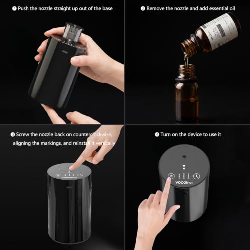 Water Free Essential Oil Diffuser, Mini Portable Aromatherapy Aroma Diffuser, Zerstäuber with 10ml Hotel Fragrance Oil, 1/2/4H/Timer, 3 Mist Levels for Home, Room, Car