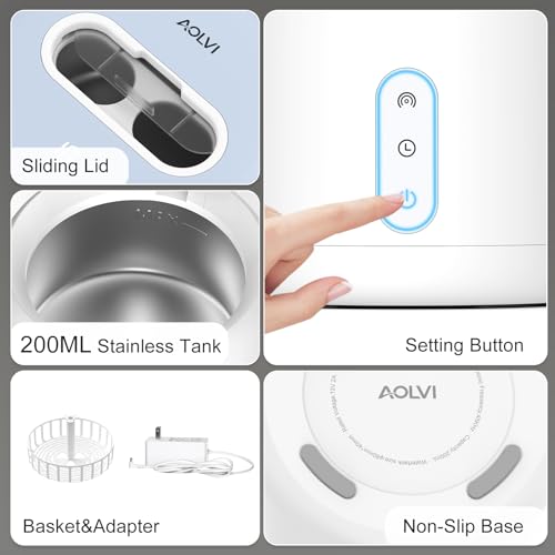AOLVI Ultrasonic Retainer Cleaner Machine, IPX6 Waterproof Denture Cleaner, 3 Modes Dental Cleaning Pod with RGB Indicator, 45kHz Mouth Guard Cleaner with UV Light, 200ML Tank, White