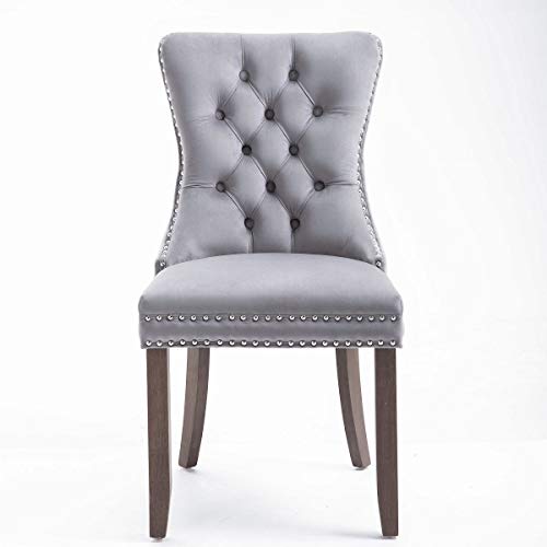Rhomtree Velvet Fabric Dining Chairs Luxury Tufted Back with Nailed Trim and Back Ring Pull Home Kitchen Dining Room Chairs Armless Side Chairs Solid Rubber Wood Legs, Set of 2 (Grey)