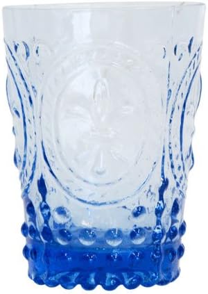 Set of 4 Blue Fleur De Lis Glasses. Size: 2.75" X 4". Glassware, Kitchenware. Cooking.