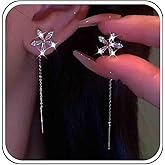 Boho Wedding Cz Daisy Tiny Flower Threader Earrings Gold Silver Sparkly Small Crystal Stud Pull Through Earrings Thread Long Chain Tassel Dangle Dainty Line Bar Drop Simple Delicate Minimalist Women