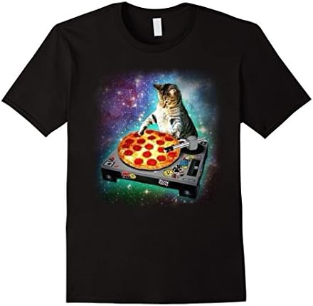 Mens DJ Cat eats pizza in galaxy Medium Black
