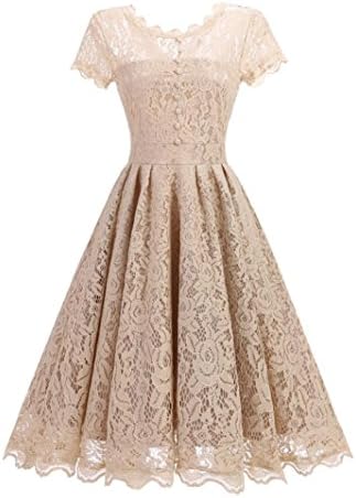 Women Floral Lace Dress Short Sleeve Vintage Lady Party Swing Bridesmaid Dress (US8(TagXL), Beige)