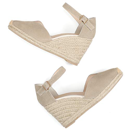 Womens 3" Wedge Sandals Ankle Strap, Cap Toe,Classic Espadrille Heel Shoes (6.5 M US, Beige)