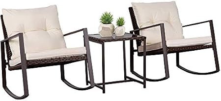 Amazon Com Solaura Outdoor Furniture 3 Piece Rocking Bistro Set Brown Wicker With Soft Cushions Glass Coffee Table For Yard And Bistro Beige Garden Outdoor