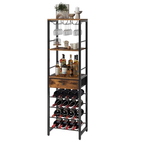 IBUYKE TMJ905H Wine Bottle Rack with Glass Door and Drawer, Brown | Countertop Bottle Storage with Shelf for Kitchen Bar Dining Room 16 Bottles