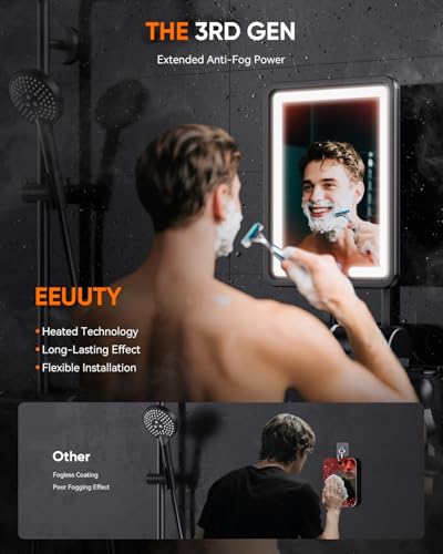 eeuuty Heated Shower Mirror Fogless for Shaving (Gen 3) - 3 Colors Stepless Dimmable Lights, Anti-Fog Shaving Mirror with Razor Holder, No-Drilling, Removable - Black