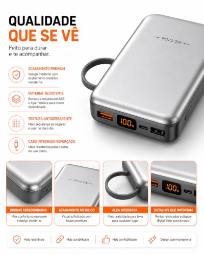 Power Bank 20000mAh 22,5W com Cabo USB-C Integrado e Display Digital LED | Carregamento rápido, compatível com iphone, alça de transporte