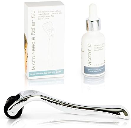Derma Roller Microneedle Kit with Face Serum – Set Includes Micro Needle Dermaroller + Vitamin C with Hyaluronic Acid Facial Serum that Treats Acne, Scars, Stretch Marks, and Wrinkles + FREE E-Book