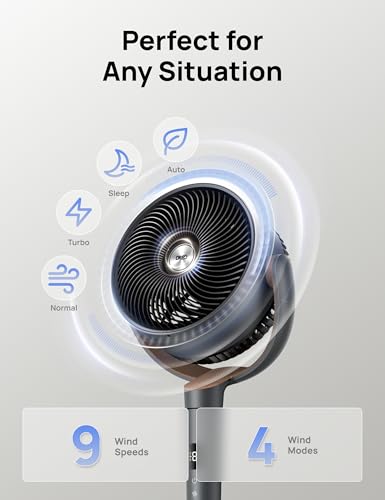 DREO Fan for Bedroom, 120° Oscillating Standing Fans, Quiet Floor Fan with DC Motor, 100ft Pedestal Fans for Room, 9 Speeds, 4 modes, 20dB, 120° Manual Vertical, 37-42" Adjustable Height, 9H Timer