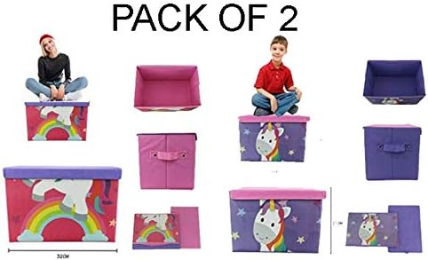 AVMART (Pack of 2) Foldable & Portable Pink & Purple Unicorn 2 in One Storage Box, Laundry Organiser Cum Sitting Stool with Lid Cover Easy to Carry Anywhere (32x21Cm)