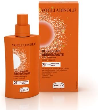 Vogliadisole 20SPF Body and Hair Clear Suntan Oil Spray Paraben Free with Watermelon, Achiote, Buriti, Carrot, Karanja, Raspberry, Loofah and Sesame Oils