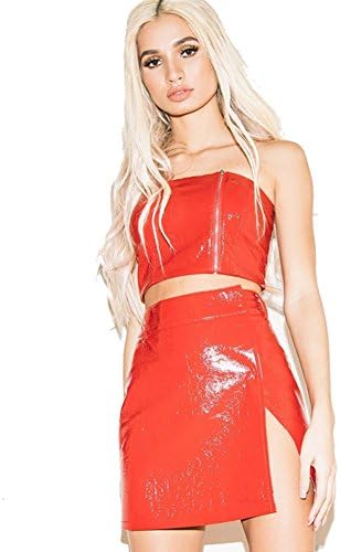 Harson Trucksuit For Women Sexy PU Mini Leather Skirt 2 Piece Set A-Line Red Side Split Bodycon Pencil Skirts (Red, S)