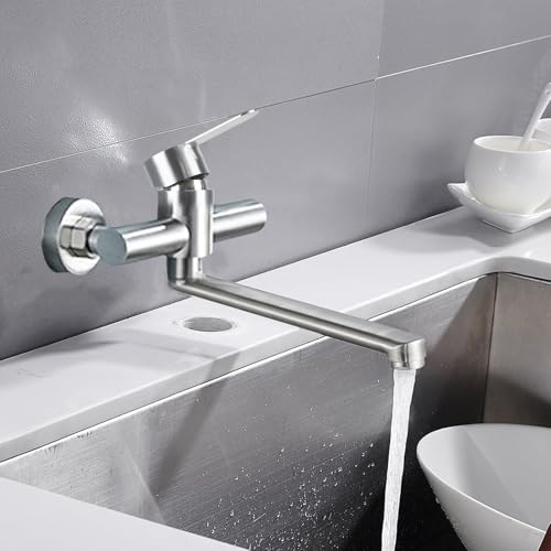 Minnhua Wall Mounted Kitchen Tap Wall Mounted Kitchen Tap with Swivel Spout Universal 25 cm Single Lever Sink Mixer Tap Adjust Hot and Cold Water 304 Stainless Steel