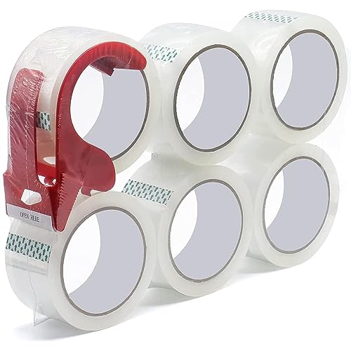 WELSTIK Clear Packing Tape 6 Pack with Dispenser, 50 mm x 55 m (2 in x 60 yd) Heavy Duty Packaging Tape for Carton Sealing, Moving, Shipping, Office and Home