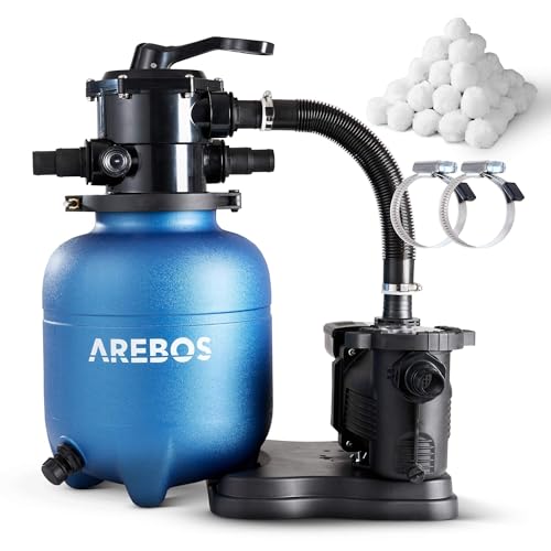 Arebos Sandfilteranlage mit Pumpe inkl. 600g Filterbälle | 350W | 9500 L/h | Tankvolumen bis zu 20 kg Sand | 7 - Wege Ventil mit Griff | mit Druckmano