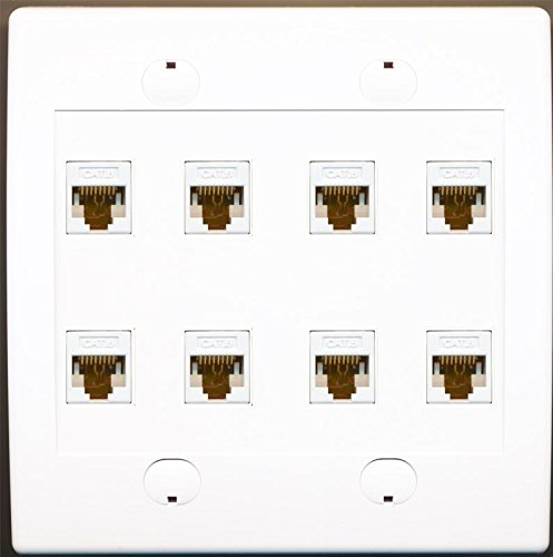 RiteAV 8 Port Flat Dual 2 Gang Ethernet Cat6 RJ45 Network Wall Plate - White