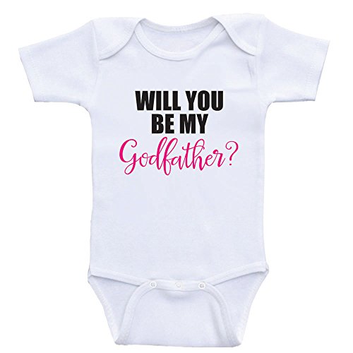Godparent Baby Onesies "Will You Be My Godfather" One Piece Baby Clothes (3mo-Short Sleeve, Hot Pink Text)
