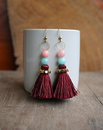 Boho Beads Tussel Dangle Earrings, Boho Drop Earrings, Cute Earring, Girl Jewelry, Gift For Girl, Brass Earrings, Bridesmaid Gift - Red
