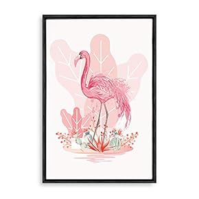 Flamingo And Pink Leaves - Framed Canvas
